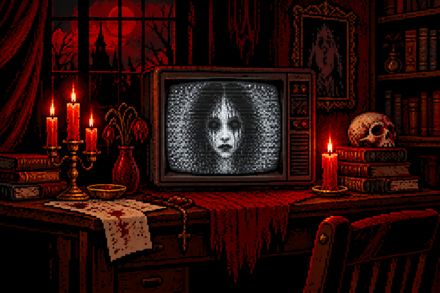 Pixel CRT television showing a pale face, beside candles and books
