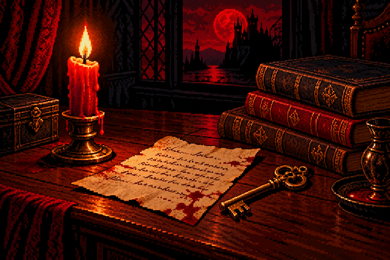Pixel still life of a candle, a handwritten note, and a brass key
