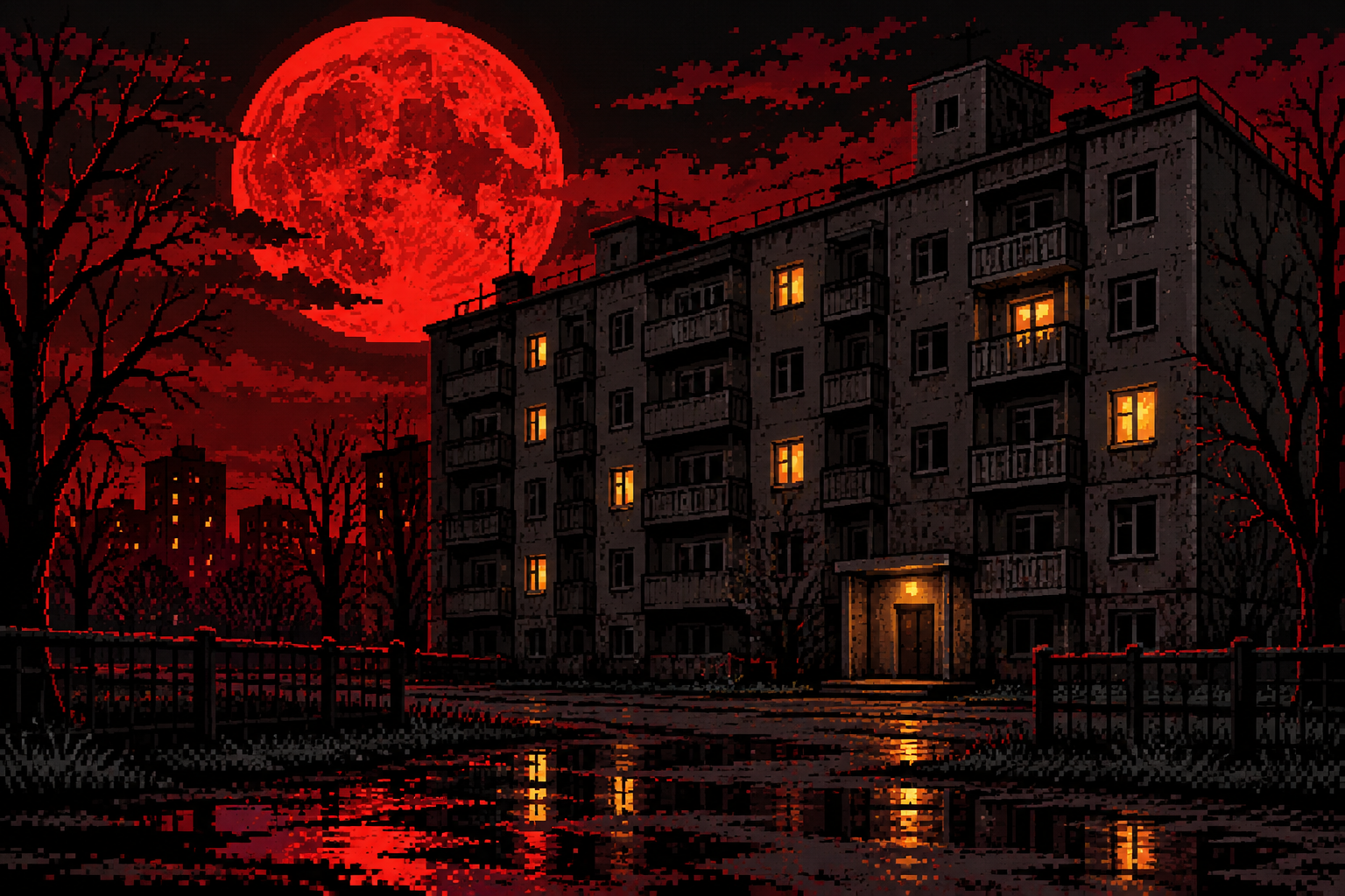Pixel view of an apartment block under a red moon